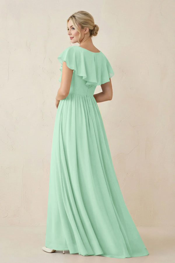 Pale Pistachio Cap Sleeve A-Line Ruffled Chiffon Bridesmaid Dress (2) | KISSBRIDAL