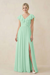 Pale Pistachio Cap Sleeve A-Line Ruffled Chiffon Bridesmaid Dress | KISSBRIDAL