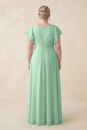 Pale Pistachio Cap Sleeve Ruffled A-Line Chiffon Bridesmaid Dress (2) | KISSBRIDAL