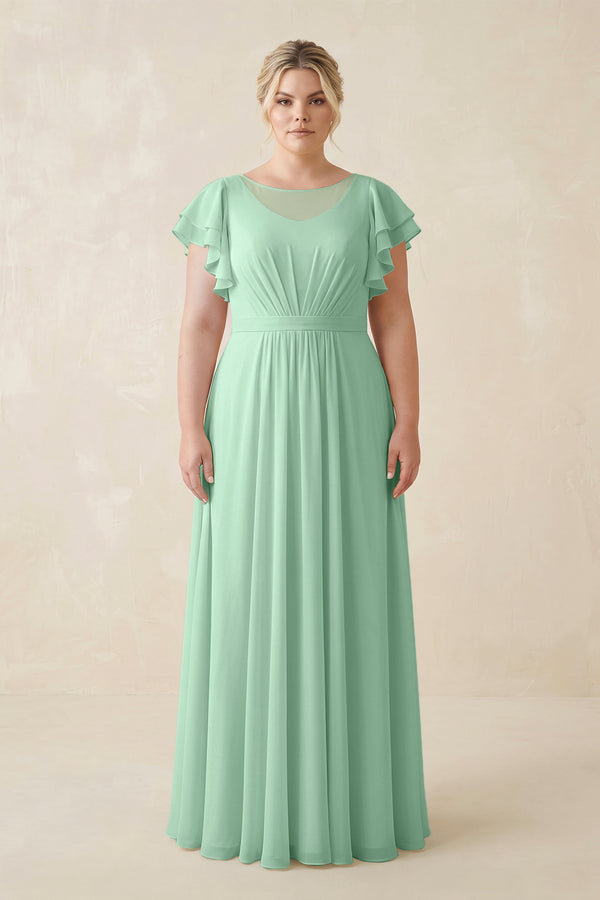 Pale Pistachio Cap Sleeve Ruffled A-Line Chiffon Bridesmaid Dress | KISSBRIDAL
