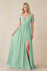 Pale Pistachio Chiffon A-Line Bridesmaid Dress with Slit | KISSBRIDAL