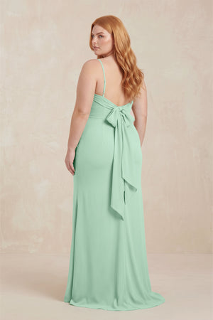 Pale Pistachio Cowl Neck Sheath Chiffon Bridesmaid Dress with Corset (2) | KISSBRIDAL