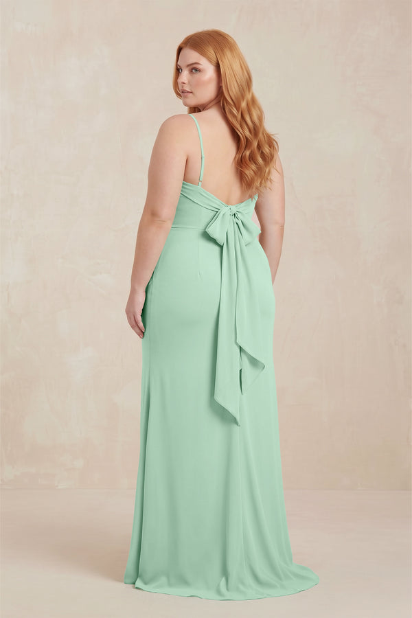 Pale Pistachio Cowl Neck Sheath Chiffon Bridesmaid Dress with Corset (2) | KISSBRIDAL