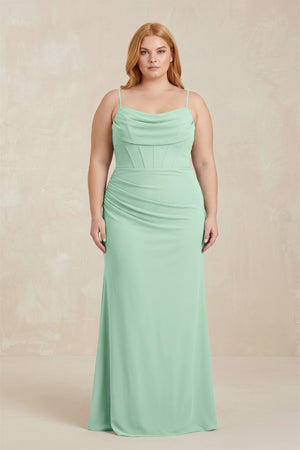 Pale Pistachio Cowl Neck Sheath Chiffon Bridesmaid Dress with Corset | KISSBRIDAL