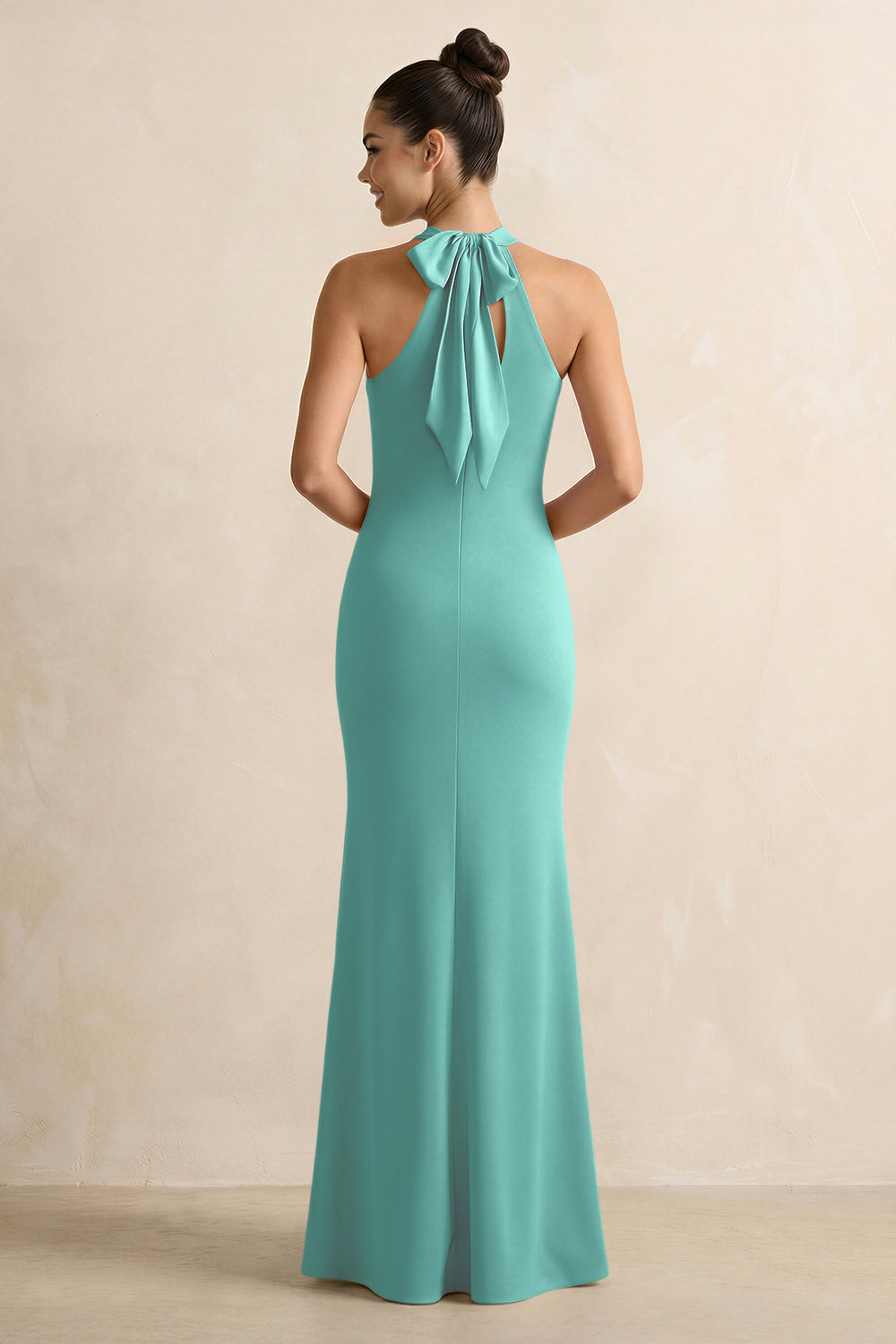 Crisscross Halter Sheath Satin Bridesmaid Dress with Bow in Pale Pistachio