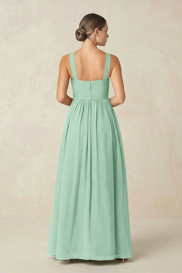 Pale Pistachio Cross Halter Neck Chiffon A-Line Bridesmaid Dress With Slit (2) | KISSBRIDAL