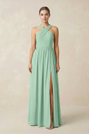 Pale Pistachio Cross Halter Neck Chiffon A-Line Bridesmaid Dress With Slit | KISSBRIDAL