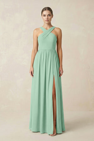 Pale Pistachio Cross Halter Neck Chiffon A-Line Bridesmaid Dress With Slit | KISSBRIDAL
