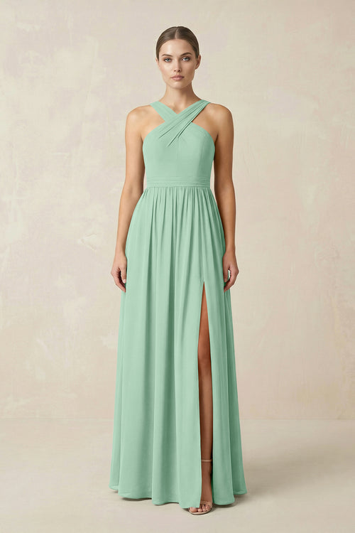Pale Pistachio Cross Halter Neck Chiffon A-Line Bridesmaid Dress With Slit | KISSBRIDAL