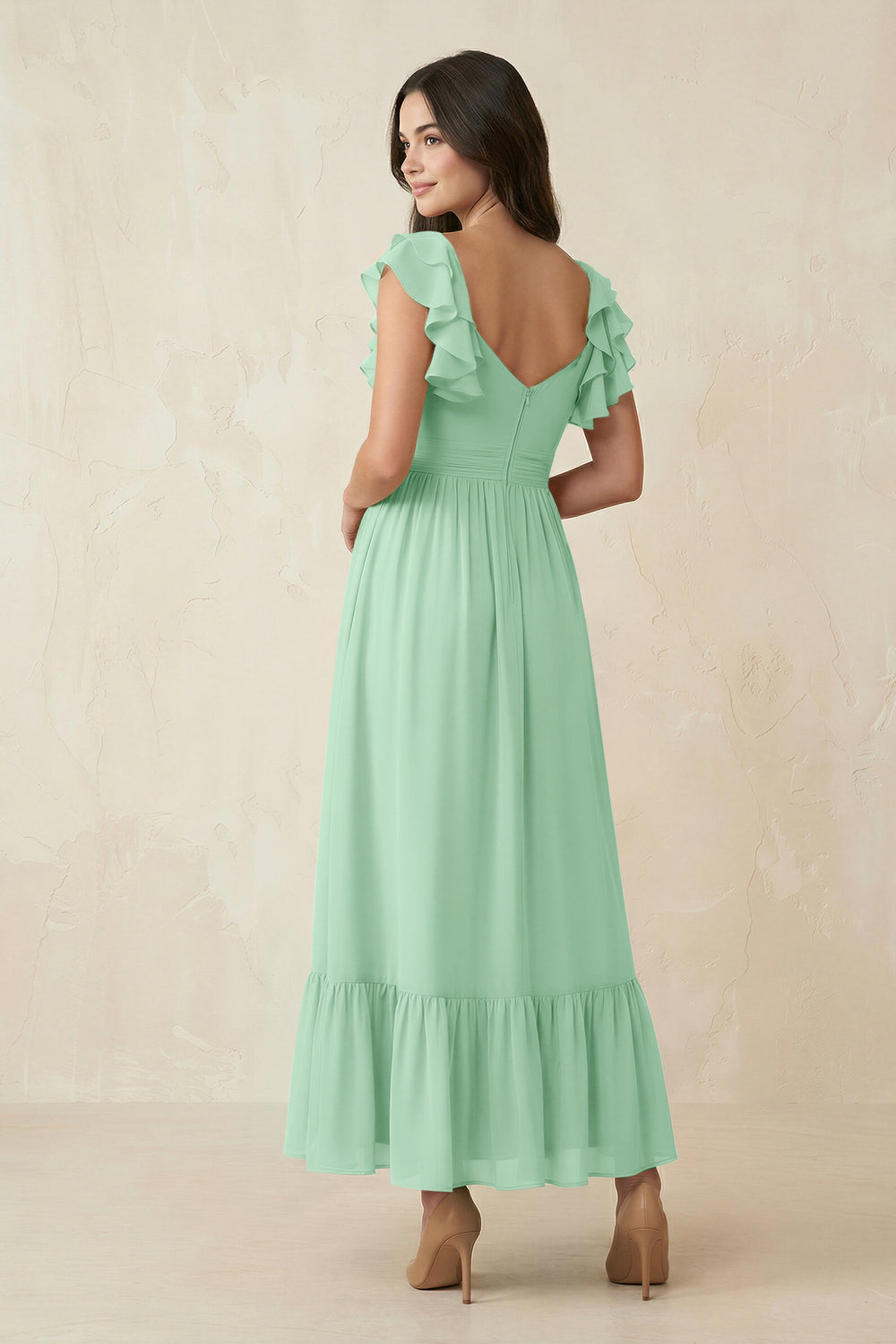 Flutter Sleeve Sweetheart A-Line Chiffon Bridesmaid Dress in Pale Pistachio