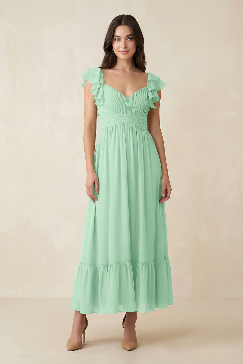 Flutter Sleeve Sweetheart A-Line Chiffon Bridesmaid Dress in Pale Pistachio