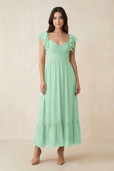 Pale Pistachio Flutter Sleeve Sweetheart A-Line Chiffon Bridesmaid Dress | KISSBRIDAL