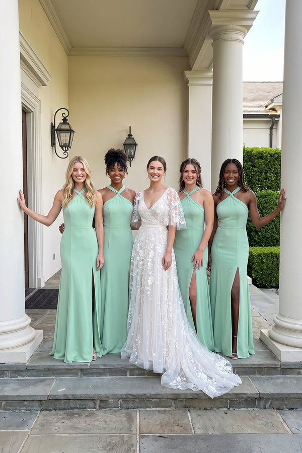 Pale Pistachio Halter Chiffon Mermaid Ruched Bridesmaid Dress | KISSBRIDAL