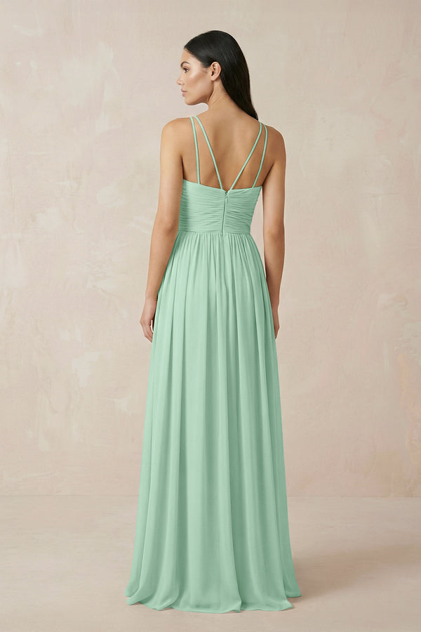Pale Pistachio Halter Neck A-Line Chiffon Bridesmaid Dress (2) | KISSBRIDAL
