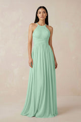 Pale Pistachio Halter Neck A-Line Chiffon Bridesmaid Dress | KISSBRIDAL
