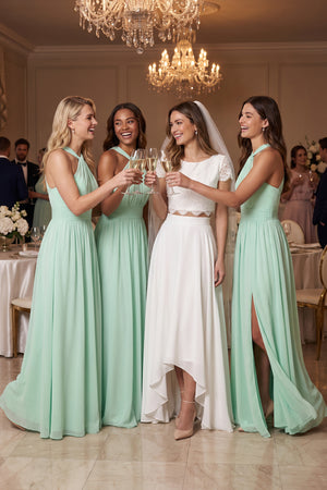 Pale Pistachio Halter Neck Ruched A-Line Chiffon Bridesmaid Dress | KISSBRIDAL
