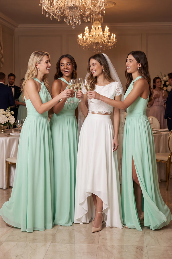Pale Pistachio Halter Neck Ruched A-Line Chiffon Bridesmaid Dress | KISSBRIDAL