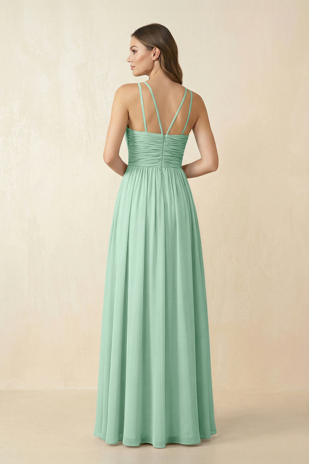 Halter Pleated A-Line Chiffon Bridesmaid Dress in Pale Pistachio