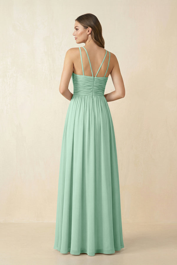 Pale Pistachio Halter Pleated A-Line Chiffon Bridesmaid Dress (2) | KISSBRIDAL