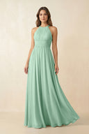 Pale Pistachio Halter Pleated A-Line Chiffon Bridesmaid Dress | KISSBRIDAL