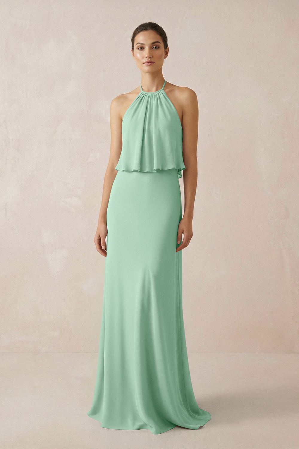 Halter Sheath Ruffled Chiffon Bridesmaid Dress in Pale Pistachio