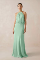 Pale Pistachio Halter Sheath Ruffled Chiffon Bridesmaid Dress | KISSBRIDAL