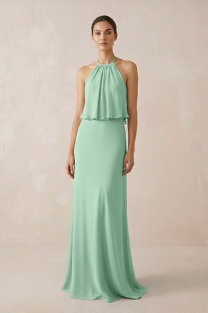 Pale Pistachio Halter Sheath Ruffled Chiffon Bridesmaid Dress | KISSBRIDAL