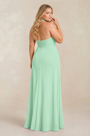 Pale Pistachio High Neck Chiffon Sheath Ruched Bridesmaid Dress (2) [sizeplus] | KISSBRIDAL