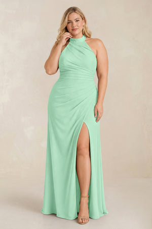 Pale Pistachio High Neck Chiffon Sheath Ruched Bridesmaid Dress [sizeplus] | KISSBRIDAL