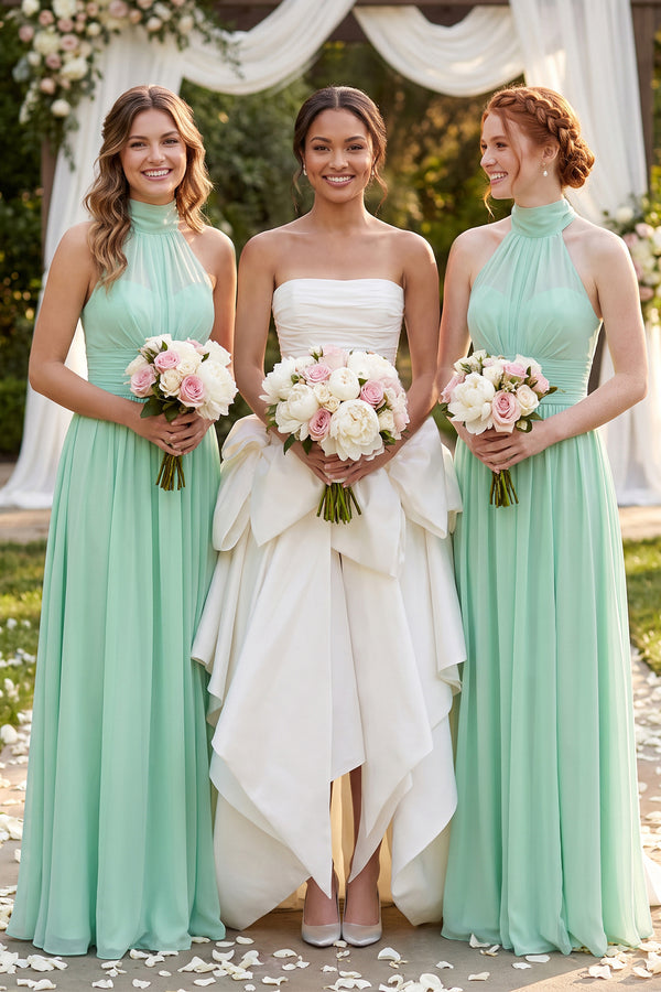 Pale Pistachio Illusion Halter A-Line Chiffon Bridesmaid Gown | KISSBRIDAL