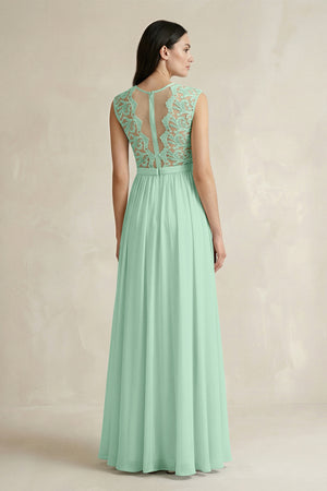 Pale Pistachio Lace Chiffon A-Line Round Neck Bridesmaid Dress (2) | KISSBRIDAL