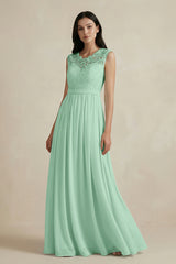 Pale Pistachio Lace Chiffon A-Line Round Neck Bridesmaid Dress | KISSBRIDAL