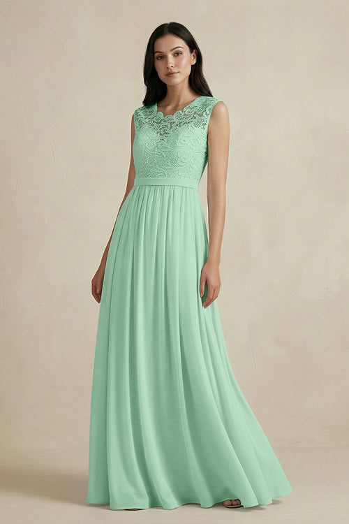 Pale Pistachio Lace Chiffon A-Line Round Neck Bridesmaid Dress | KISSBRIDAL