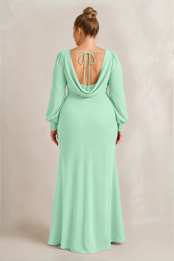Pale Pistachio Long Sleeve V-Neck Sheath Chiffon Bridesmaid Dress (2) [sizeplus] | KISSBRIDAL
