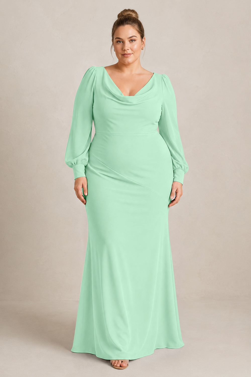 Long Sleeve V-Neck Sheath Chiffon Bridesmaid Dress in Pale Pistachio