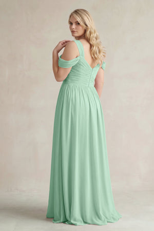 Pale Pistachio Off-the-Shoulder A-Line Chiffon Bridesmaid Dress With Slit (2) | KISSBRIDAL
