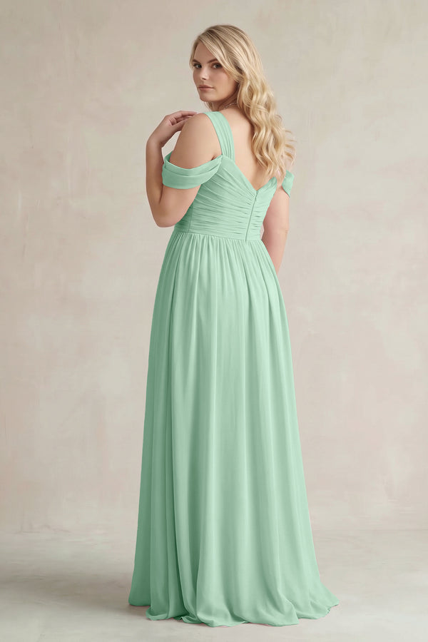 Pale Pistachio Off-the-Shoulder A-Line Chiffon Bridesmaid Dress With Slit (2) | KISSBRIDAL