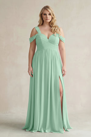 Pale Pistachio Off-the-Shoulder A-Line Chiffon Bridesmaid Dress With Slit | KISSBRIDAL