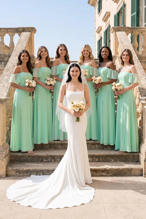 Pale Pistachio Off-the-Shoulder A-Line Chiffon Bridesmaid Dress | KISSBRIDAL