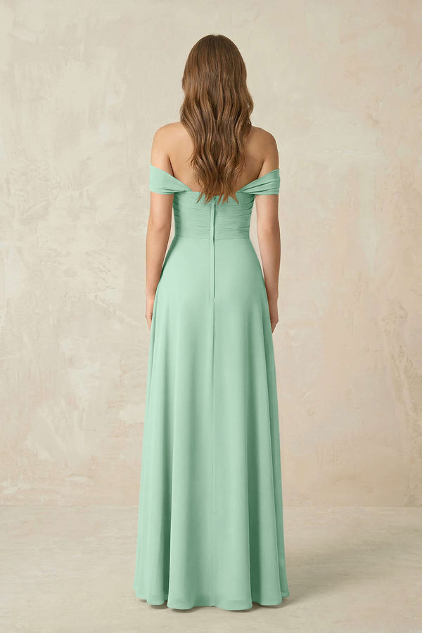 Pale Pistachio Off-the-Shoulder A-Line Chiffon Pleated Bridesmaid Dress (2) | KISSBRIDAL