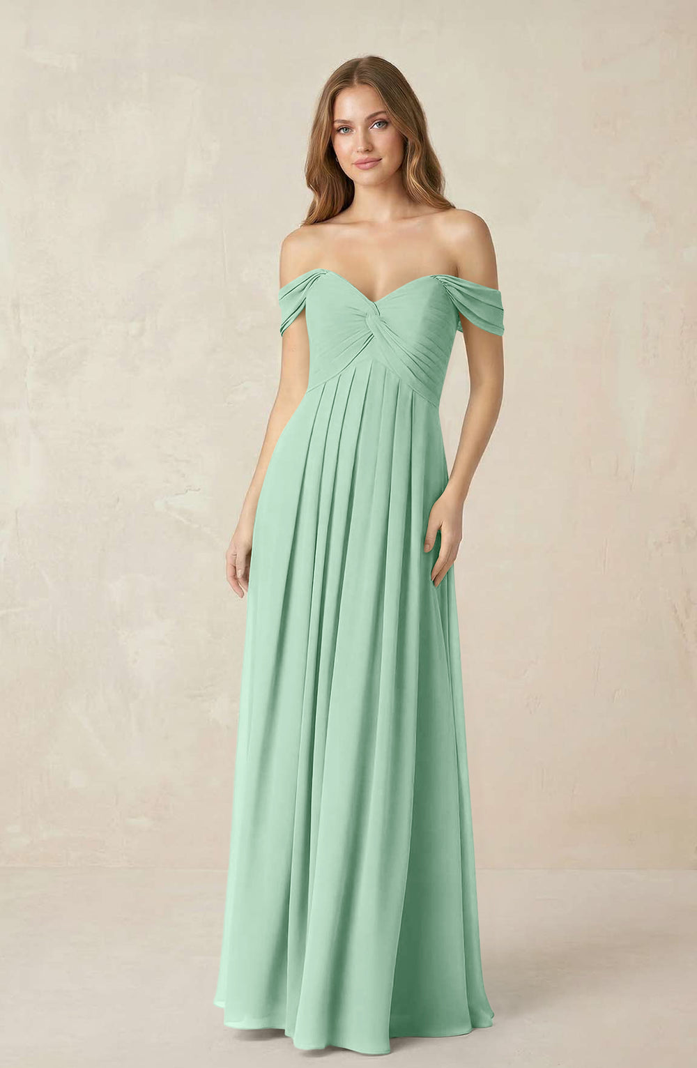 Off-the-Shoulder A-Line Chiffon Pleated Bridesmaid Dress in Pale Pistachio