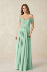 Pale Pistachio Off-the-Shoulder A-Line Chiffon Pleated Bridesmaid Dress | KISSBRIDAL