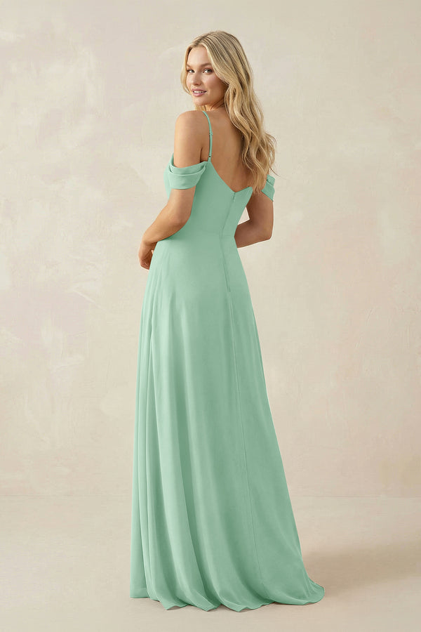 Pale Pistachio Off-the-Shoulder Chiffon A-Line Maxi Bridesmaid Dress (2) | KISSBRIDAL