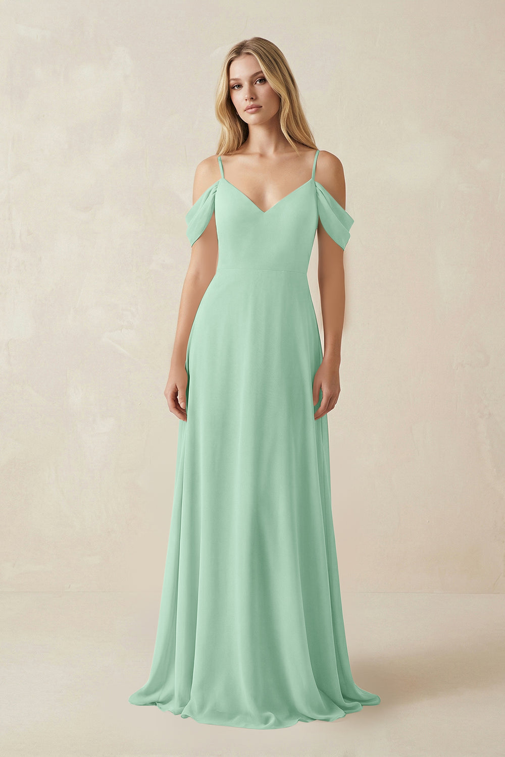 Off-the-Shoulder Chiffon A-Line Maxi Bridesmaid Dress in Pale Pistachio