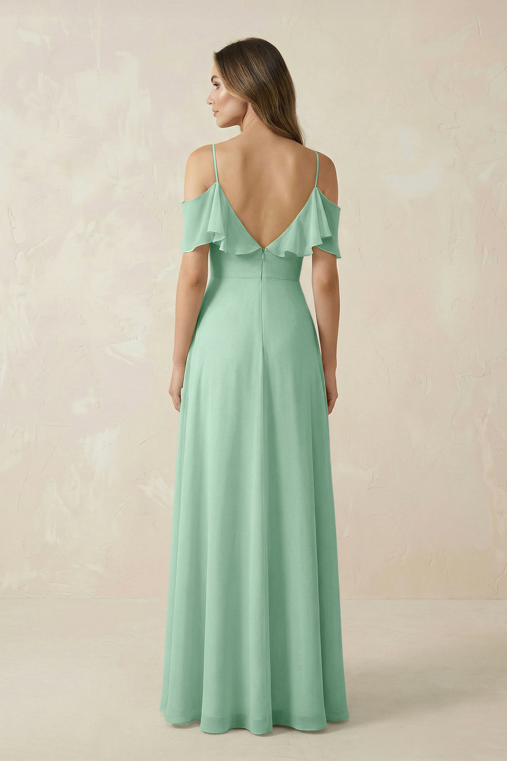 Off-the-Shoulder Ruffled A-Line Chiffon Bridesmaid Dress in Pale Pistachio