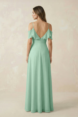 Pale Pistachio Off-the-Shoulder Ruffled A-Line Chiffon Bridesmaid Dress (2) | KISSBRIDAL