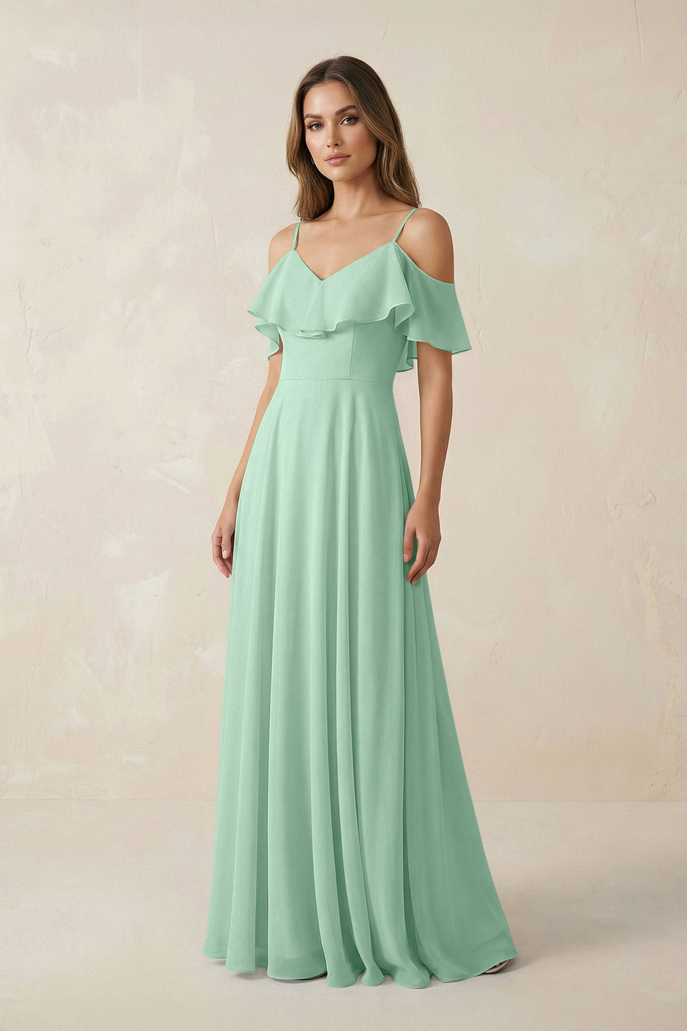 Off-the-Shoulder Ruffled A-Line Chiffon Bridesmaid Dress in Pale Pistachio