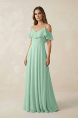 Pale Pistachio Off-the-Shoulder Ruffled A-Line Chiffon Bridesmaid Dress | KISSBRIDAL