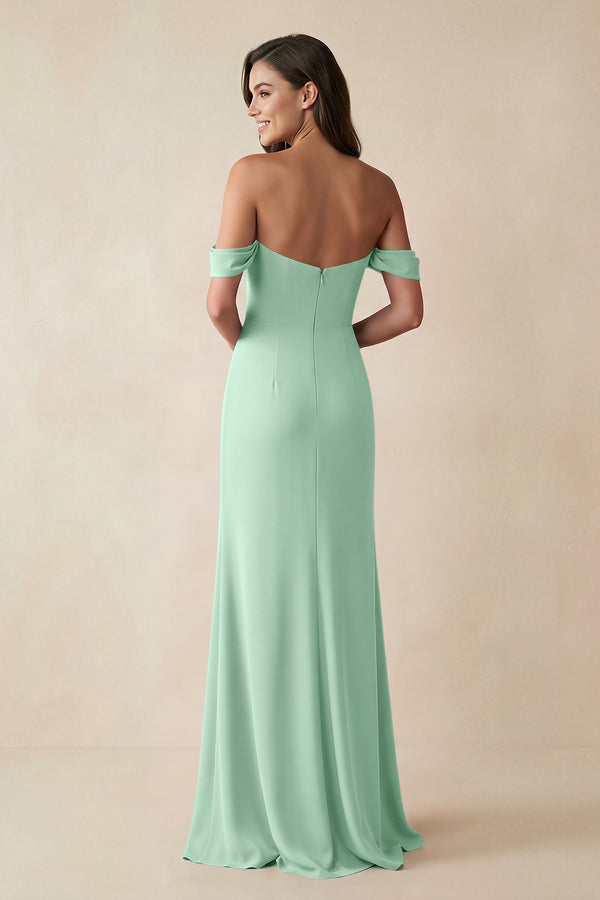 Pale Pistachio Off-the-Shoulder Sheath Bridesmaid Dress with Slit (2) | KISSBRIDAL