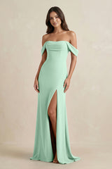 Pale Pistachio Off-the-Shoulder Sheath Bridesmaid Dress with Slit | KISSBRIDAL